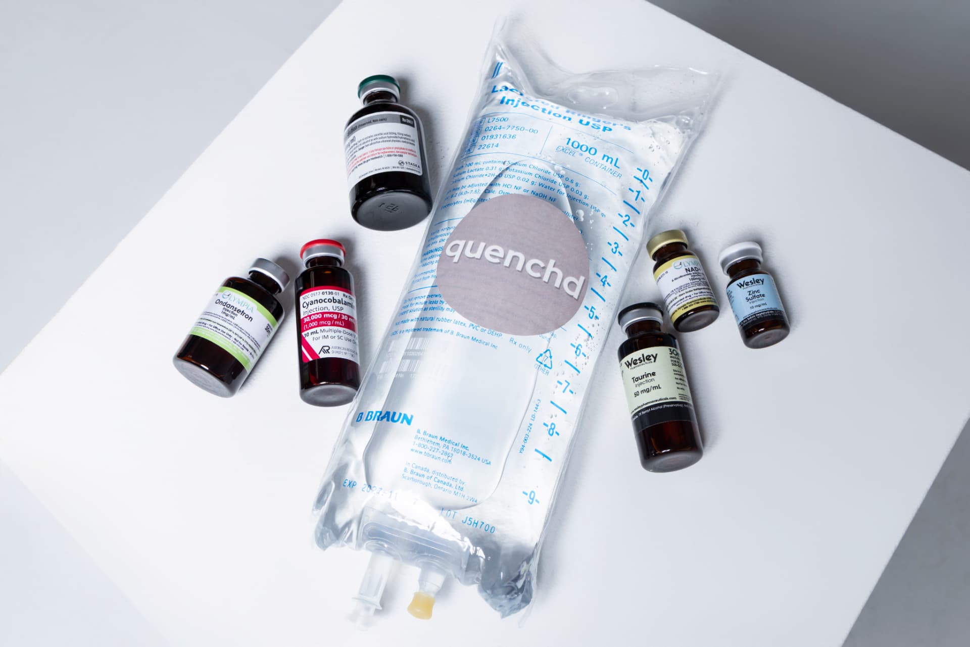 Quenchd mobile IV supplies including lactated ringer's bag and clinical vials